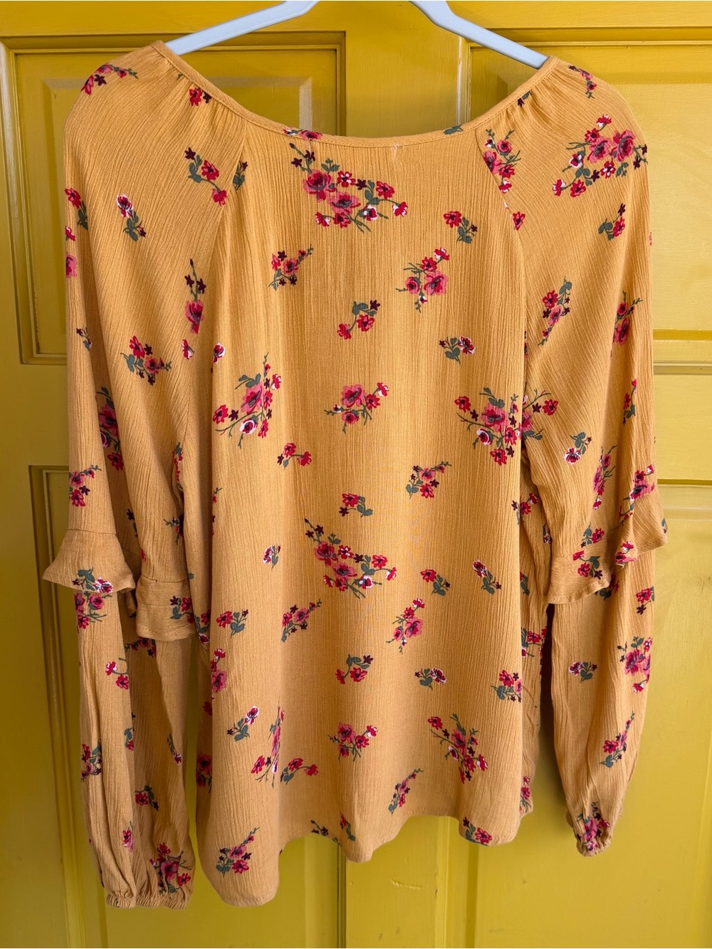 Wallflower Mustard Floral Tie-Front Peasant Blouse - Picture 5 of 11